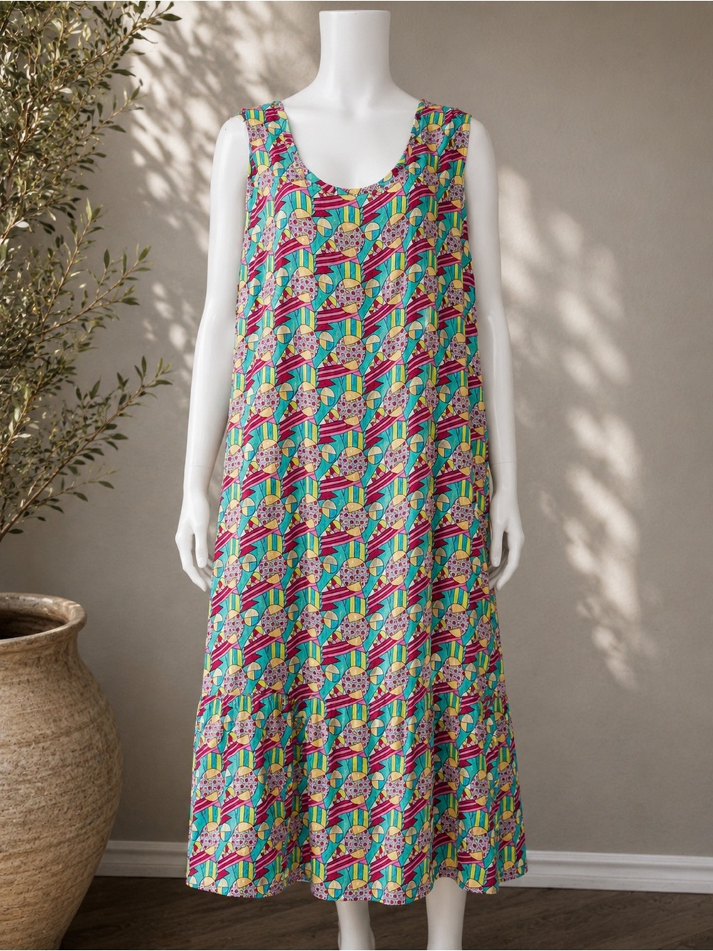 FLAX Jeanne Engelhart Rayon Abstract Geometric Maxi Dress 2G Plus Size